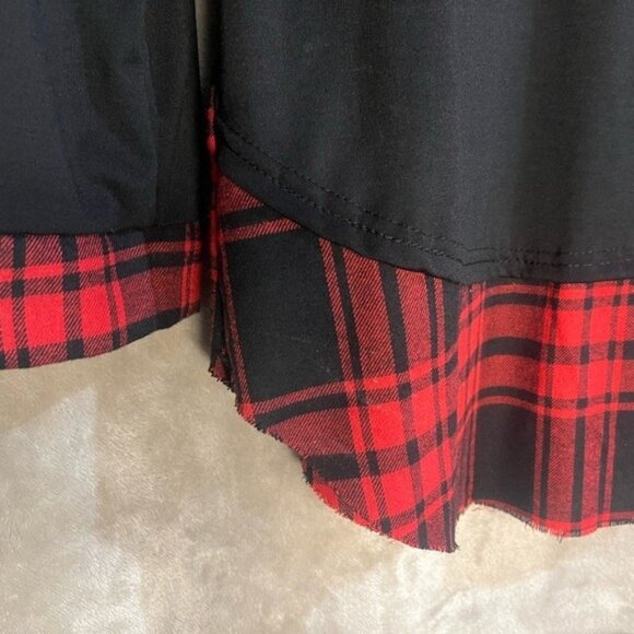 Black Long Sleeve Tunic Top Red Buffalo Plaid Cuff Hemline Round Neckline Large - Picture 9 of 10